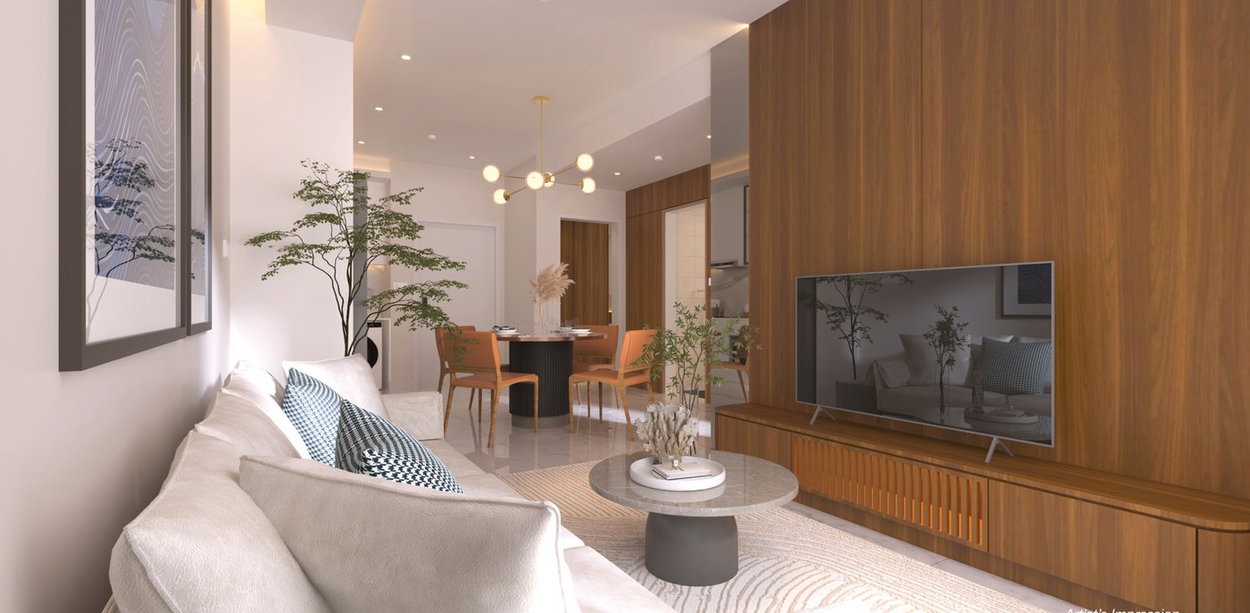Ruang tamu dan ruang makan unit Skypark Kepler dengan interior kayu modern